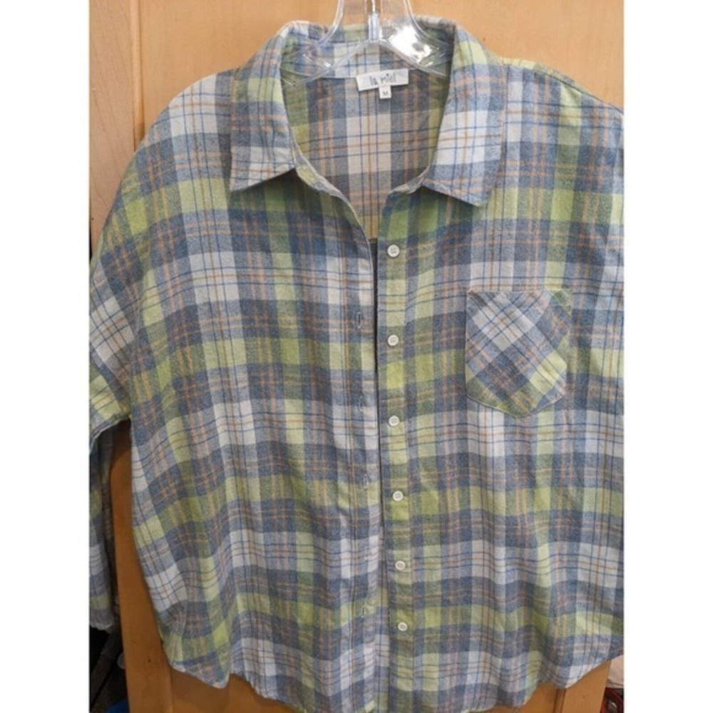 LA MIEL PLAID/FLANNEL Pattern BUTTON Long Shirt Size medium green,gray‎ distress